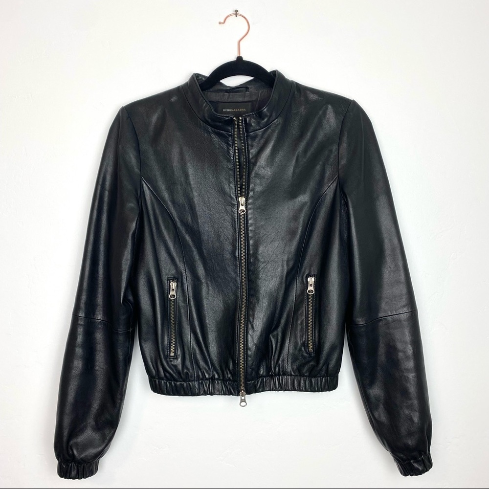 BCBGMaxAzria | Black Leather Full Zip Moto Jacket Mandarin Collar w/ Zip